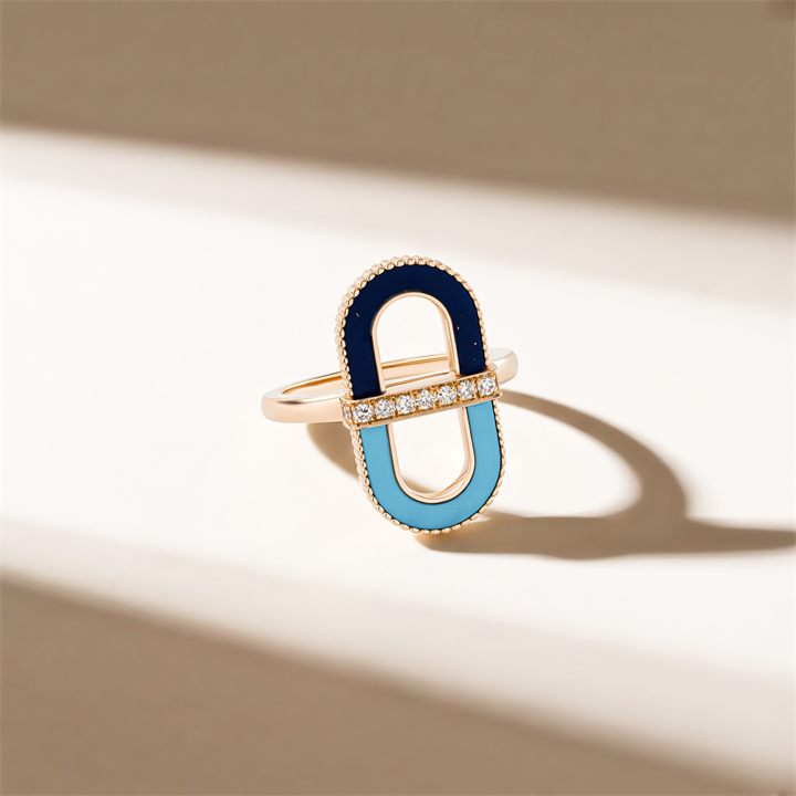 Rose gold ring with enamel detail on a warm beige set