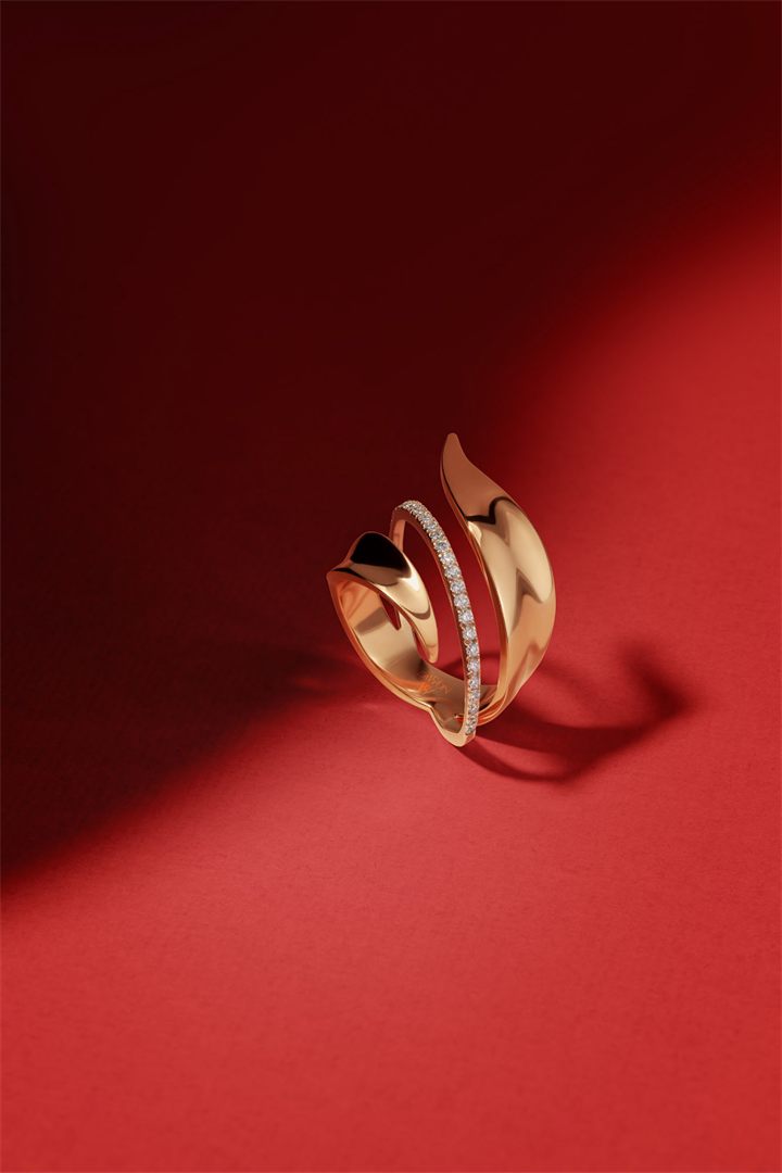 Gold bangle and ring on a red set