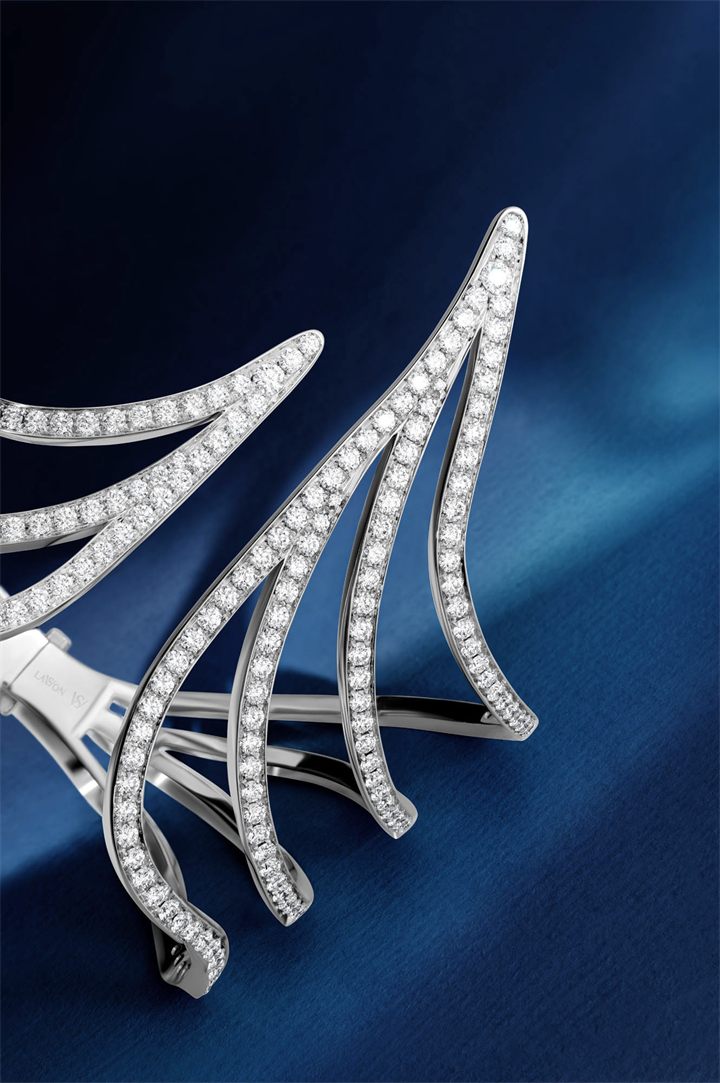Diamond wing cuff on navy, high jewellery photography